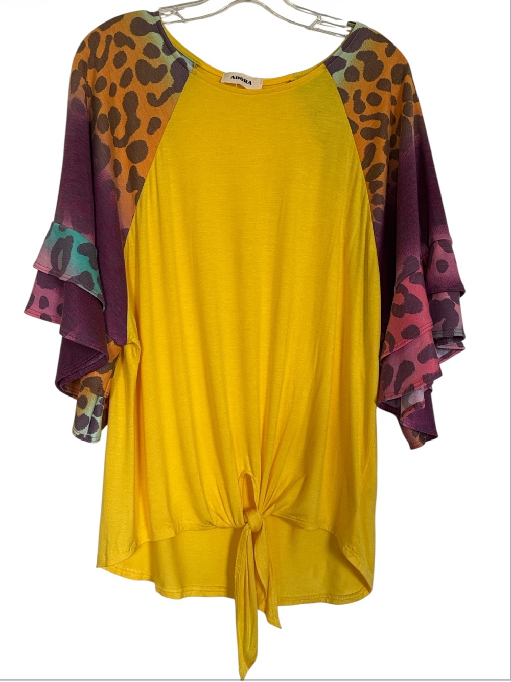 ADORA Yellow Front Knot Tie Top Animal Print Flutter Sleeves Flowy Medium NEW